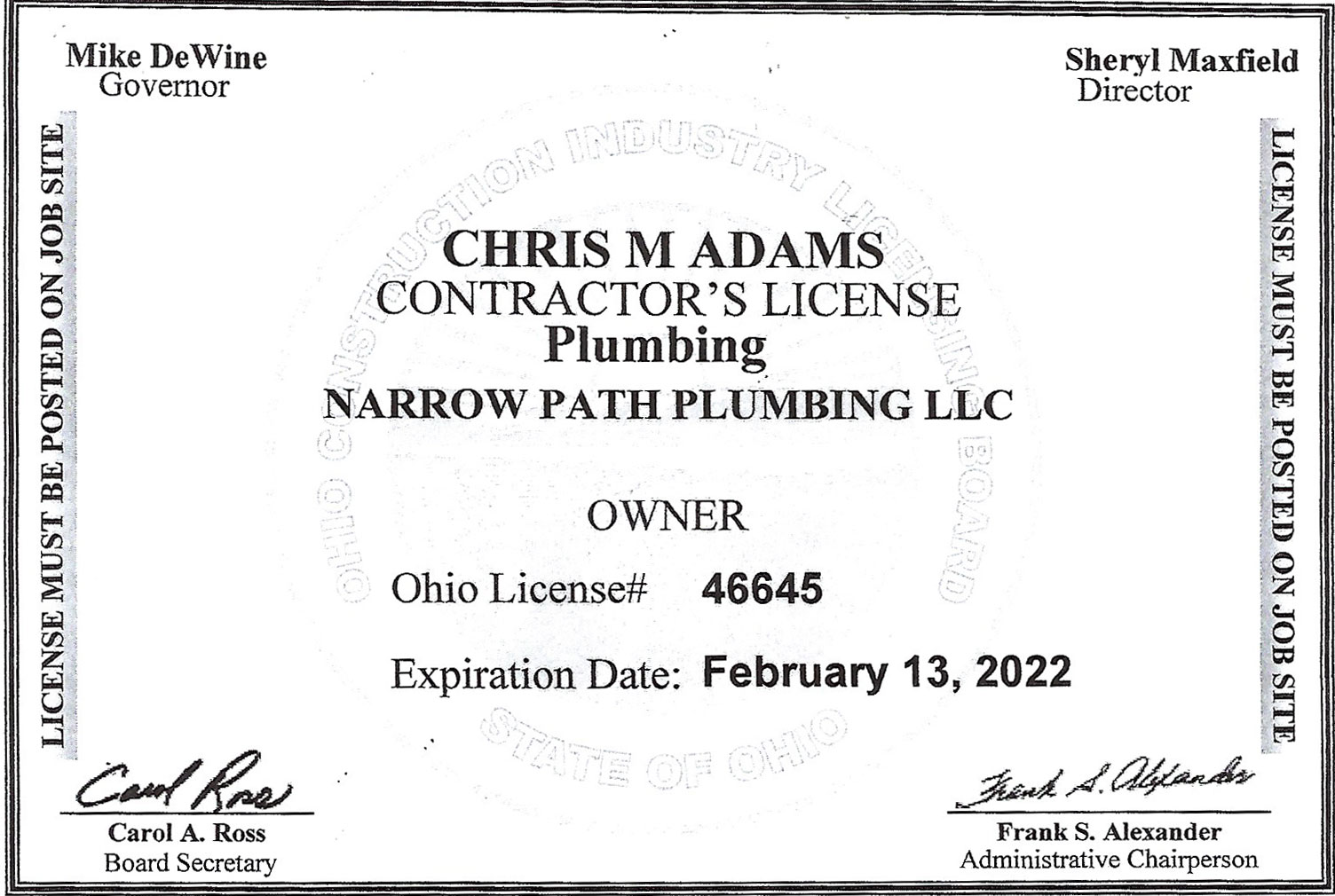 Plumbing Contractor's License